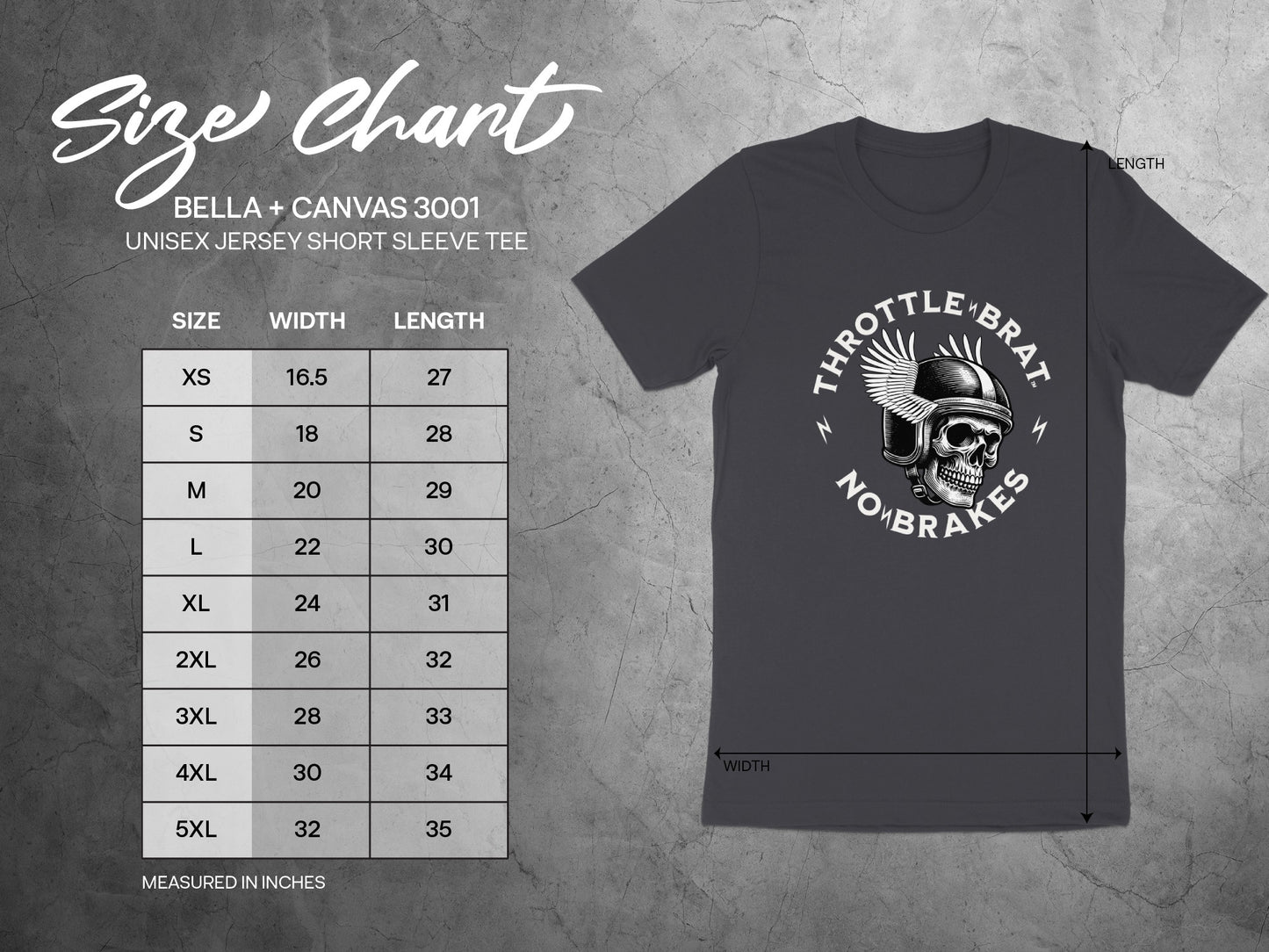 Bella + Canvas 3001 unisex tee size chart with measurements.
