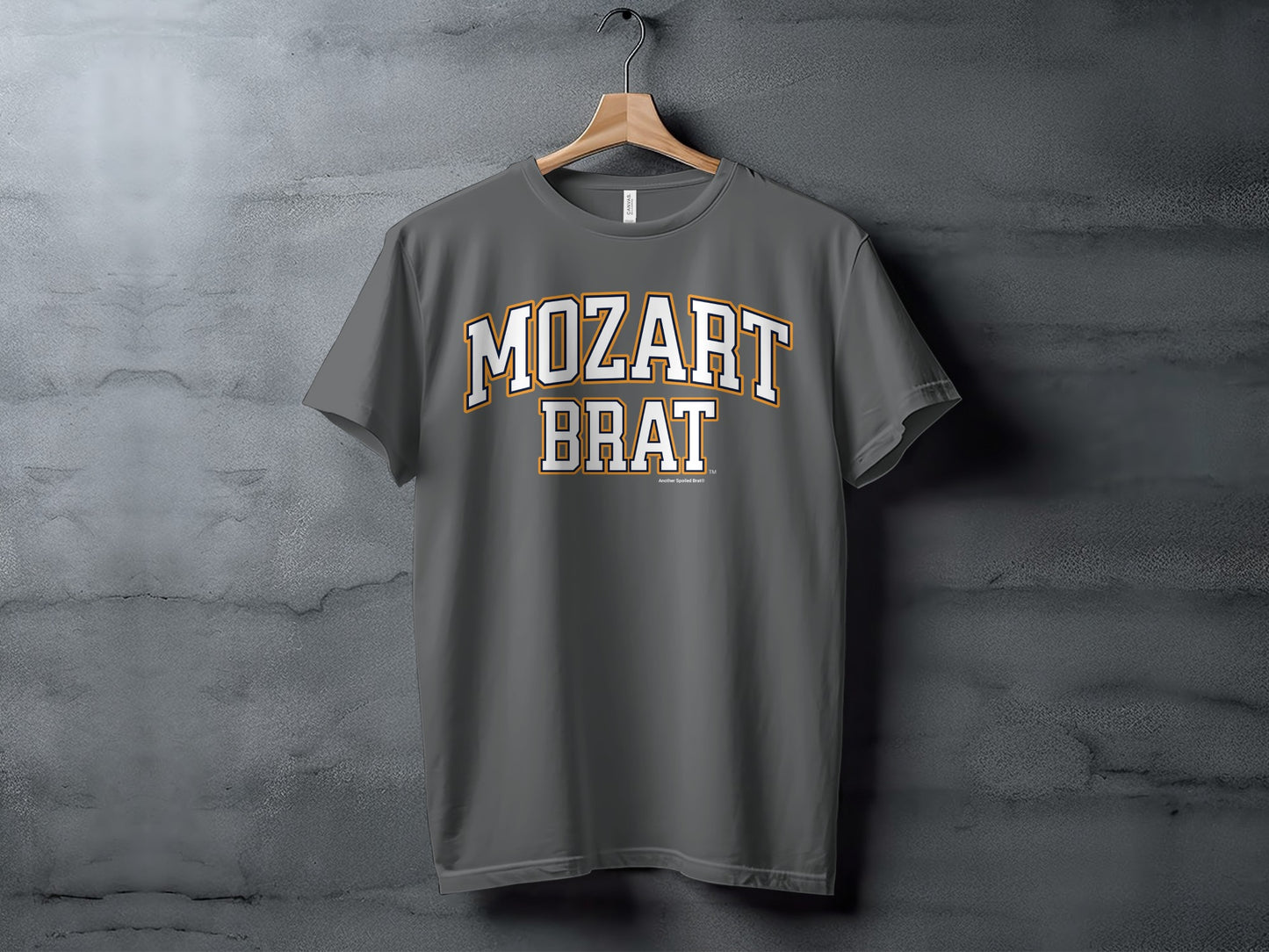 Grey t-shirt with "Mozart Brat" text and "Another Spoiled Brat" copyright notice.