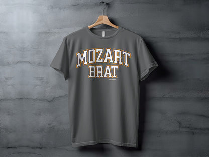 Grey t-shirt with "Mozart Brat" text and "Another Spoiled Brat" copyright notice.