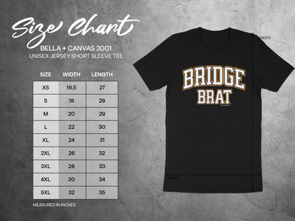 Bella + Canvas 3001 size chart for unisex short sleeve tee with measurements in inches.