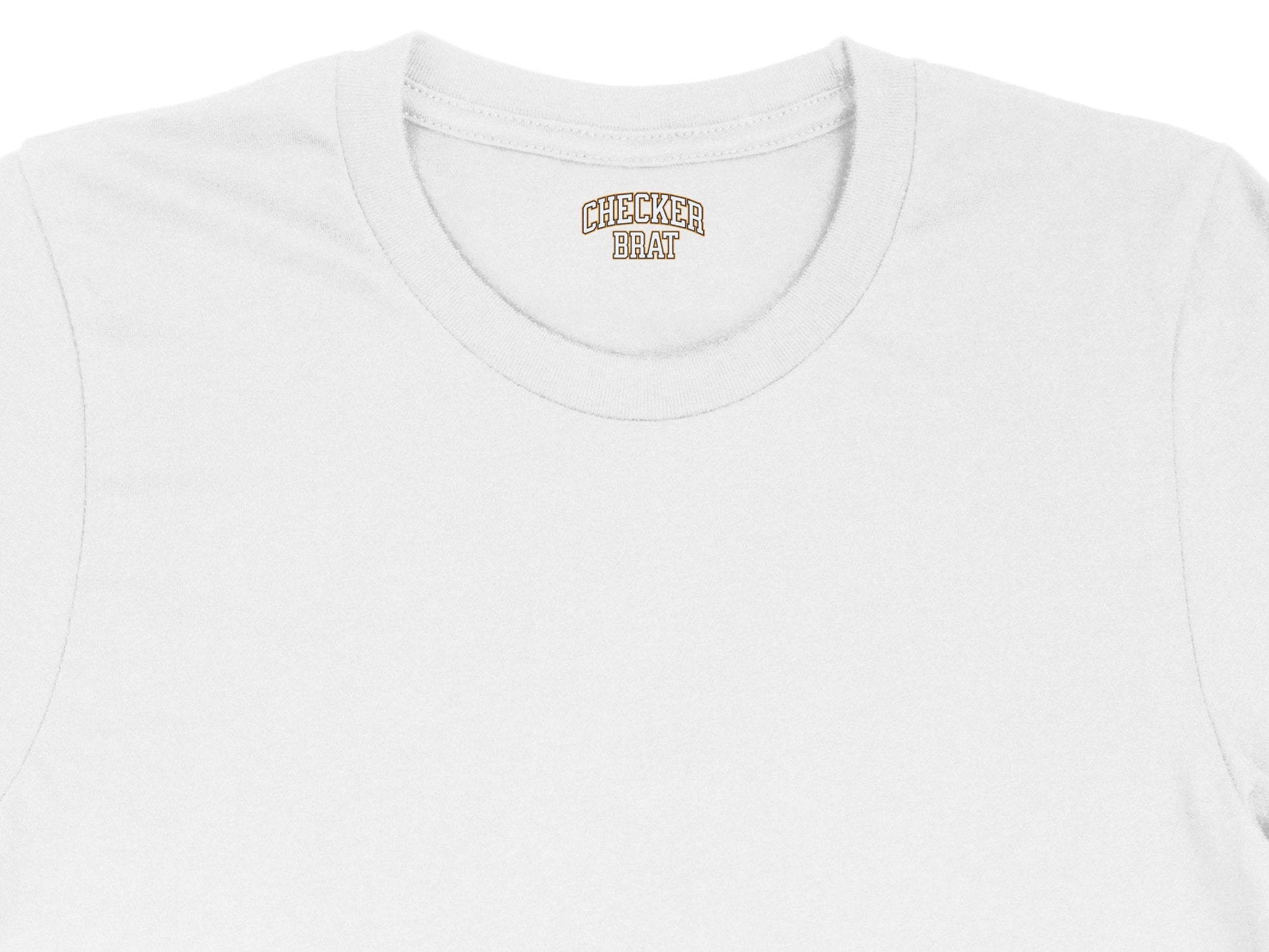 White t-shirt with a small gold logo inside the neckline reading "CHECKER BRAT".