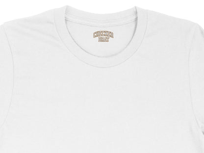 White t-shirt with a small gold logo inside the neckline reading "CHECKER BRAT".