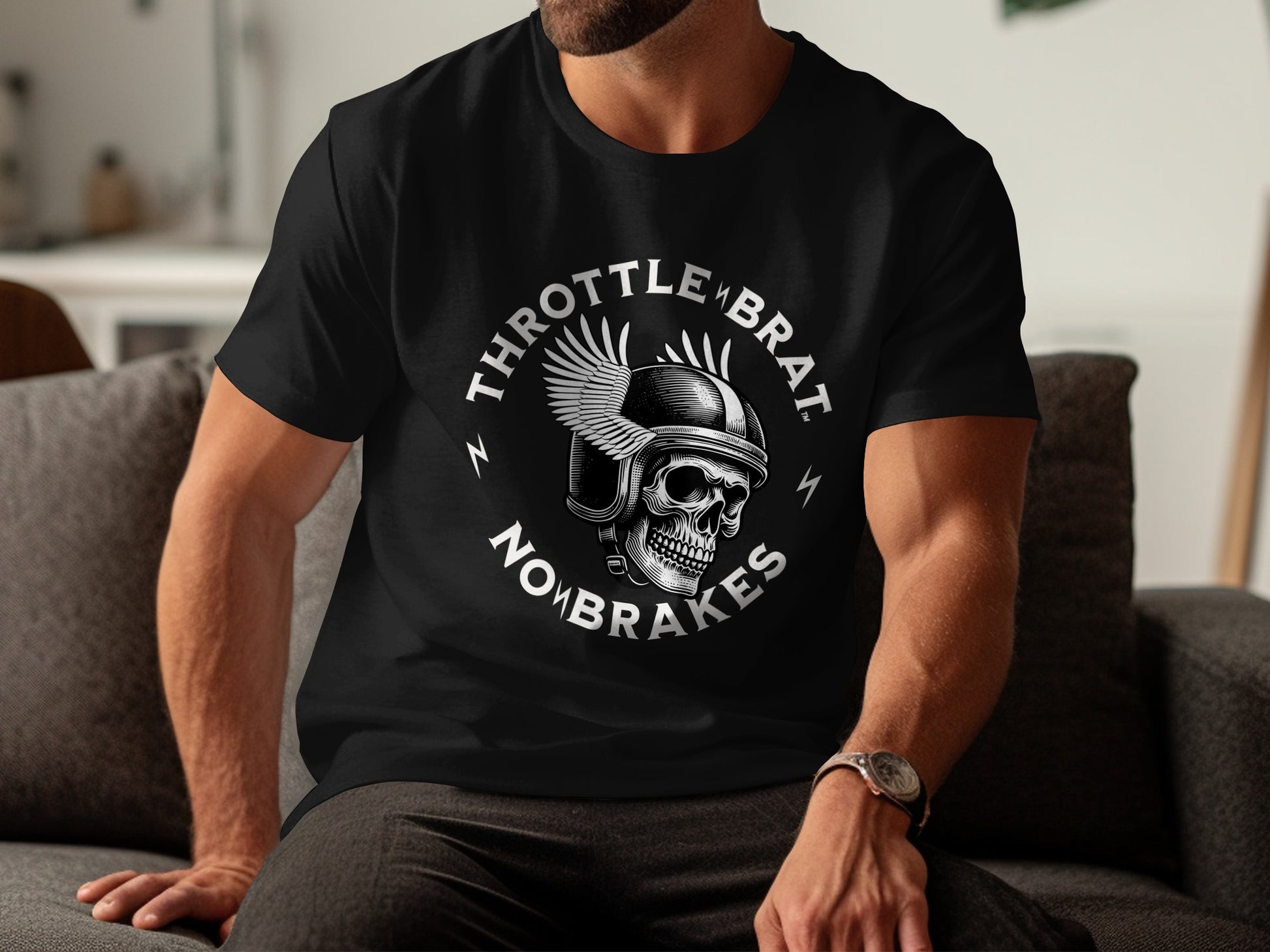 Black t-shirt featuring a skull with a helmet and wings, text "THROTTLE BRAT NO BRAKES".