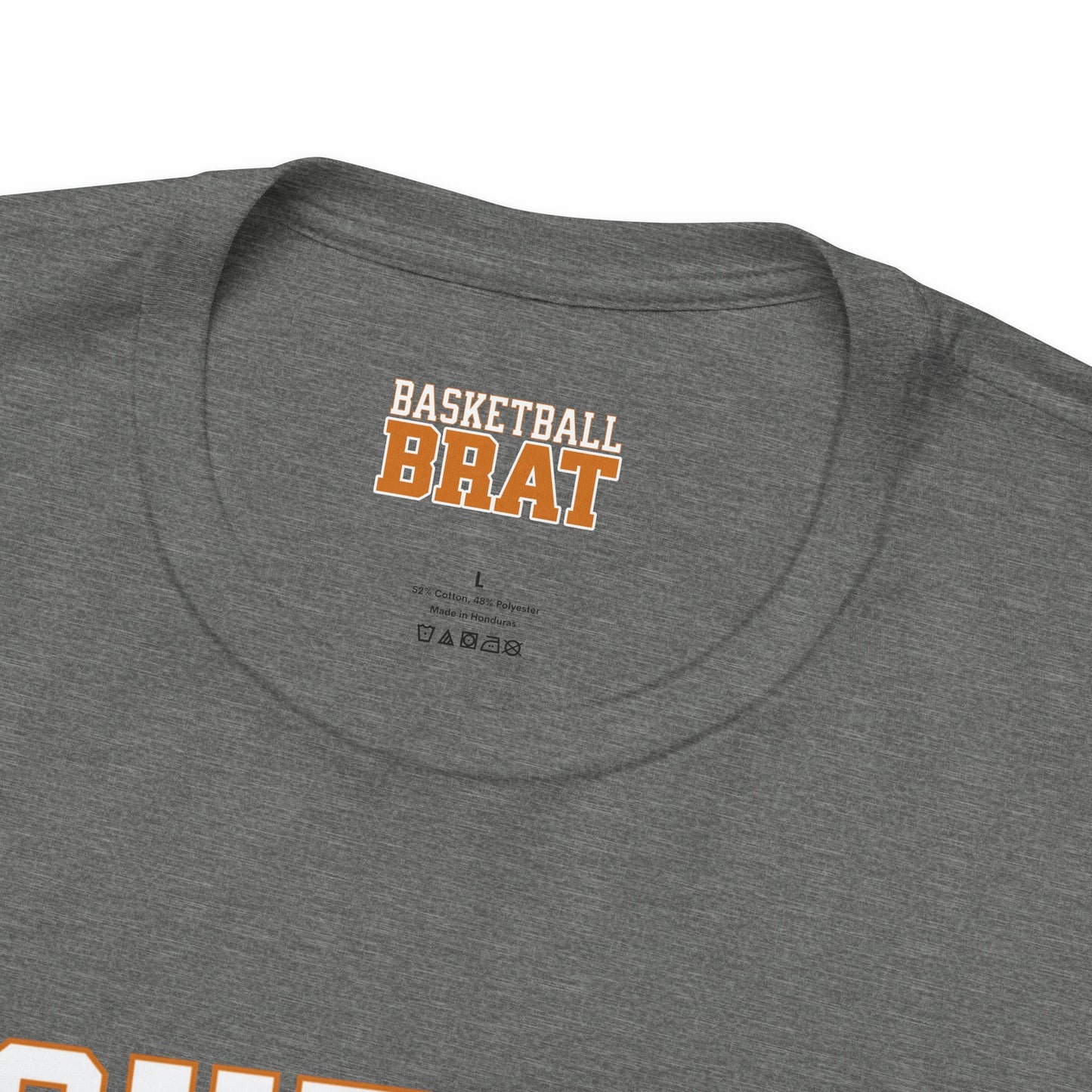 Grey t-shirt with "Basketball Brat" logo and size tag.