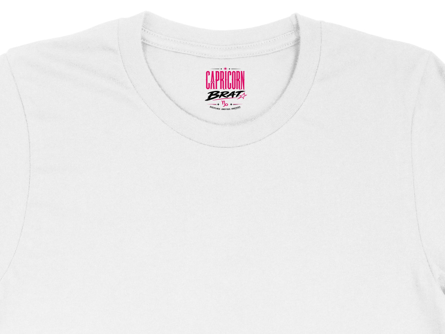 White t-shirt with "Capricorn Brat" graphic and Capricorn symbol.