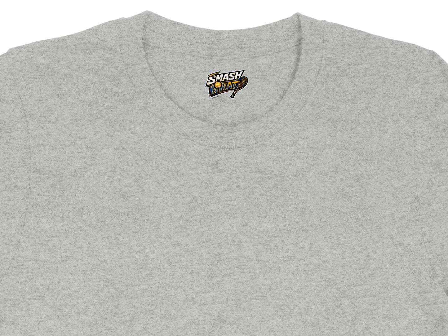 Grey t-shirt with "SMASH BRAT" tennis graphic on the chest.