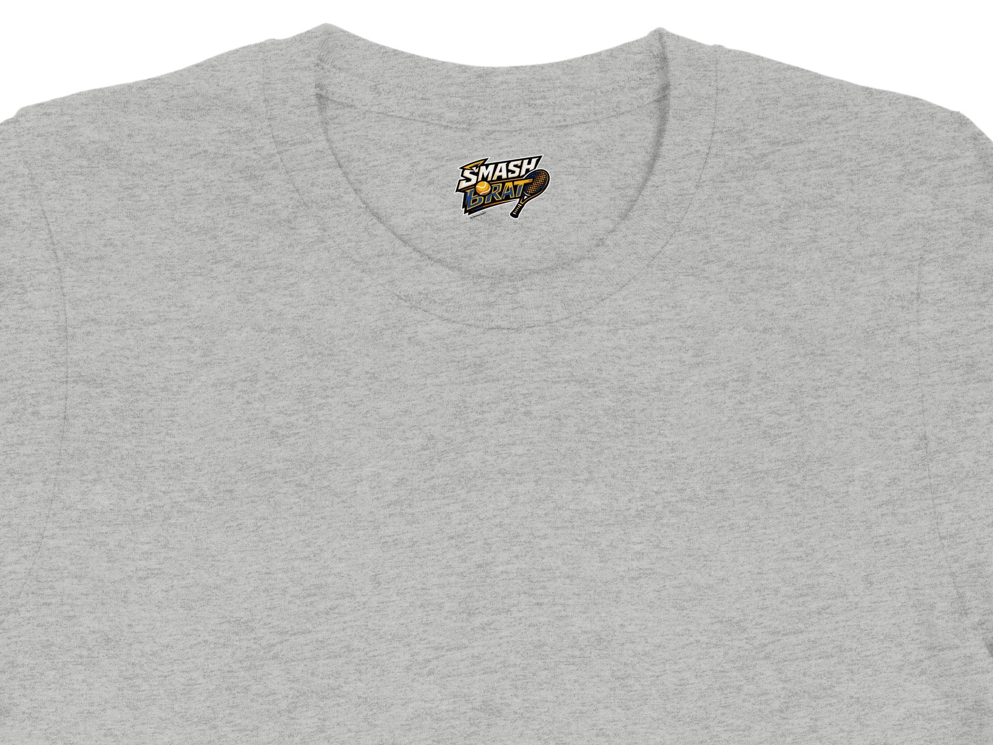Grey t-shirt with "SMASH BRAT" tennis graphic on the chest.