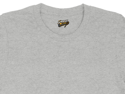 Grey t-shirt with "SMASH BRAT" tennis graphic on the chest.