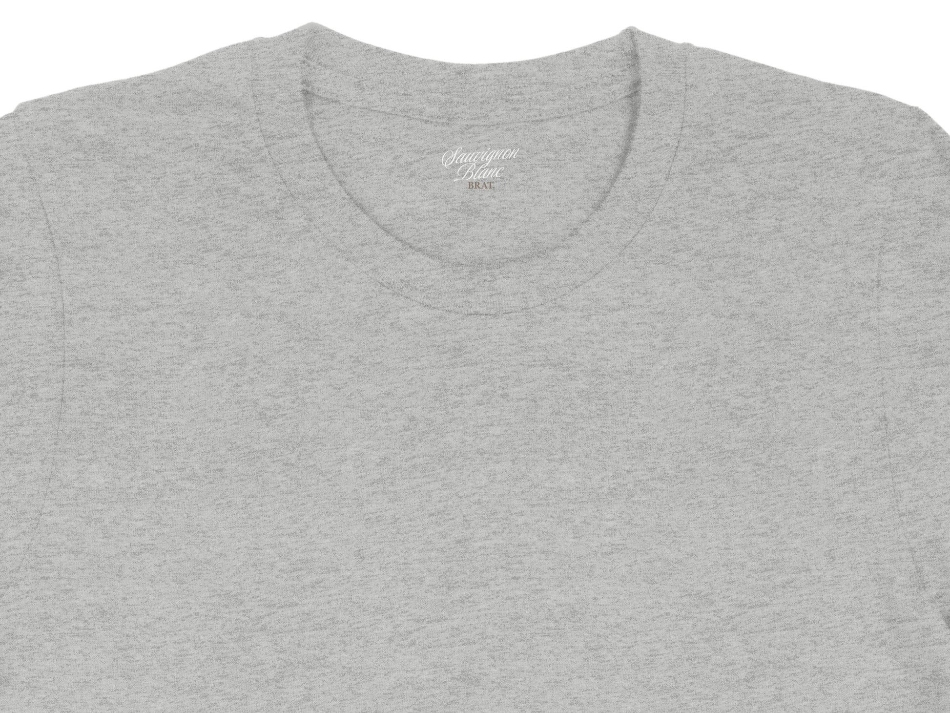 Grey t-shirt with a white tag reading "Sauvignon Blanc BRAT".
