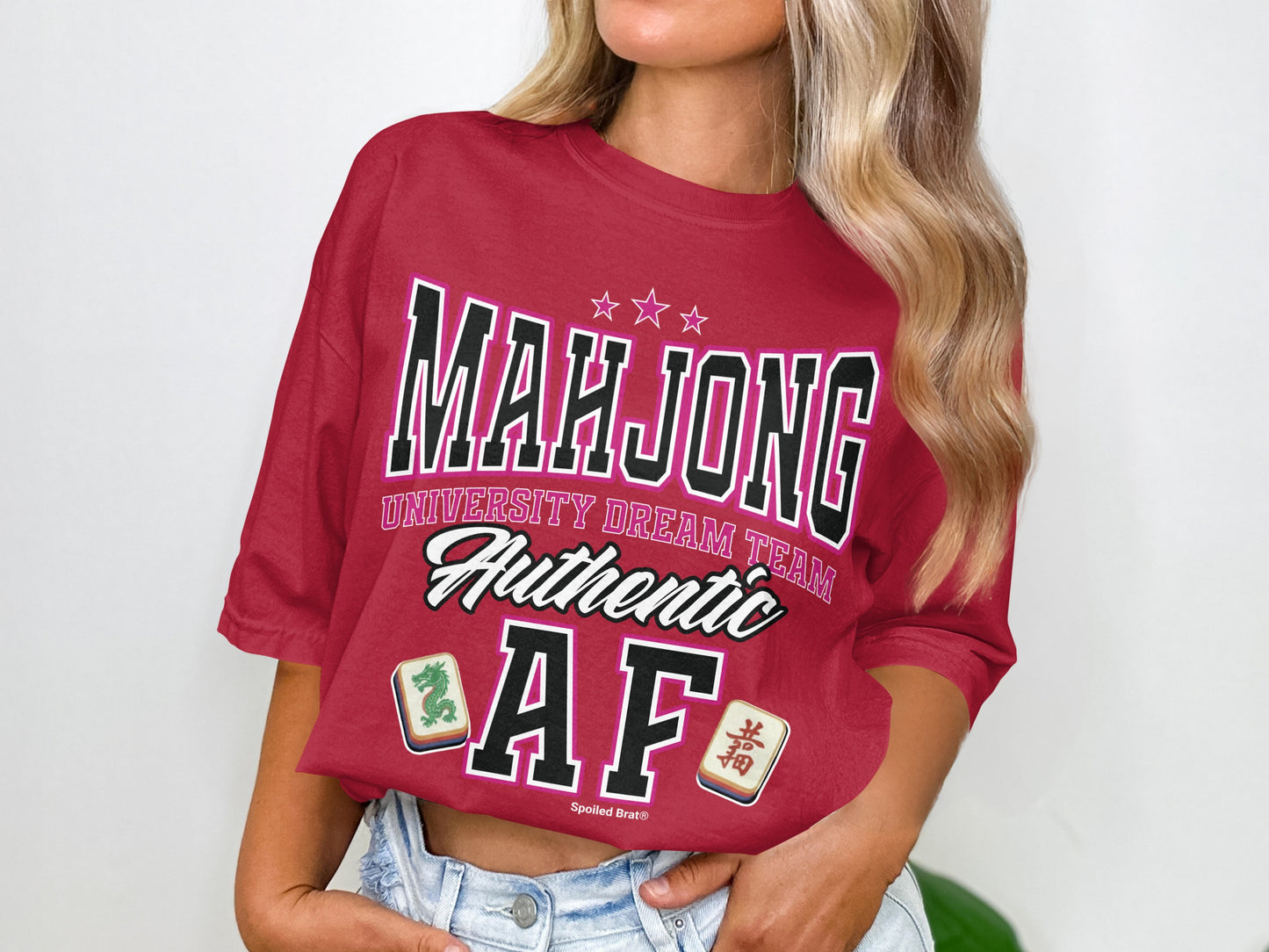 Mahjong University Dream Team Authentic AF graphic t-shirt in dark pink.