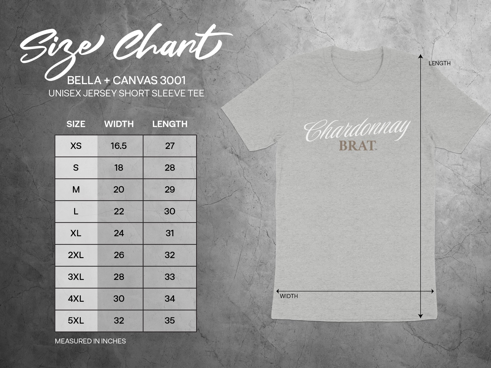 BELLA + CANVAS 3001 unisex t-shirt size chart with width and length measurements in inches.