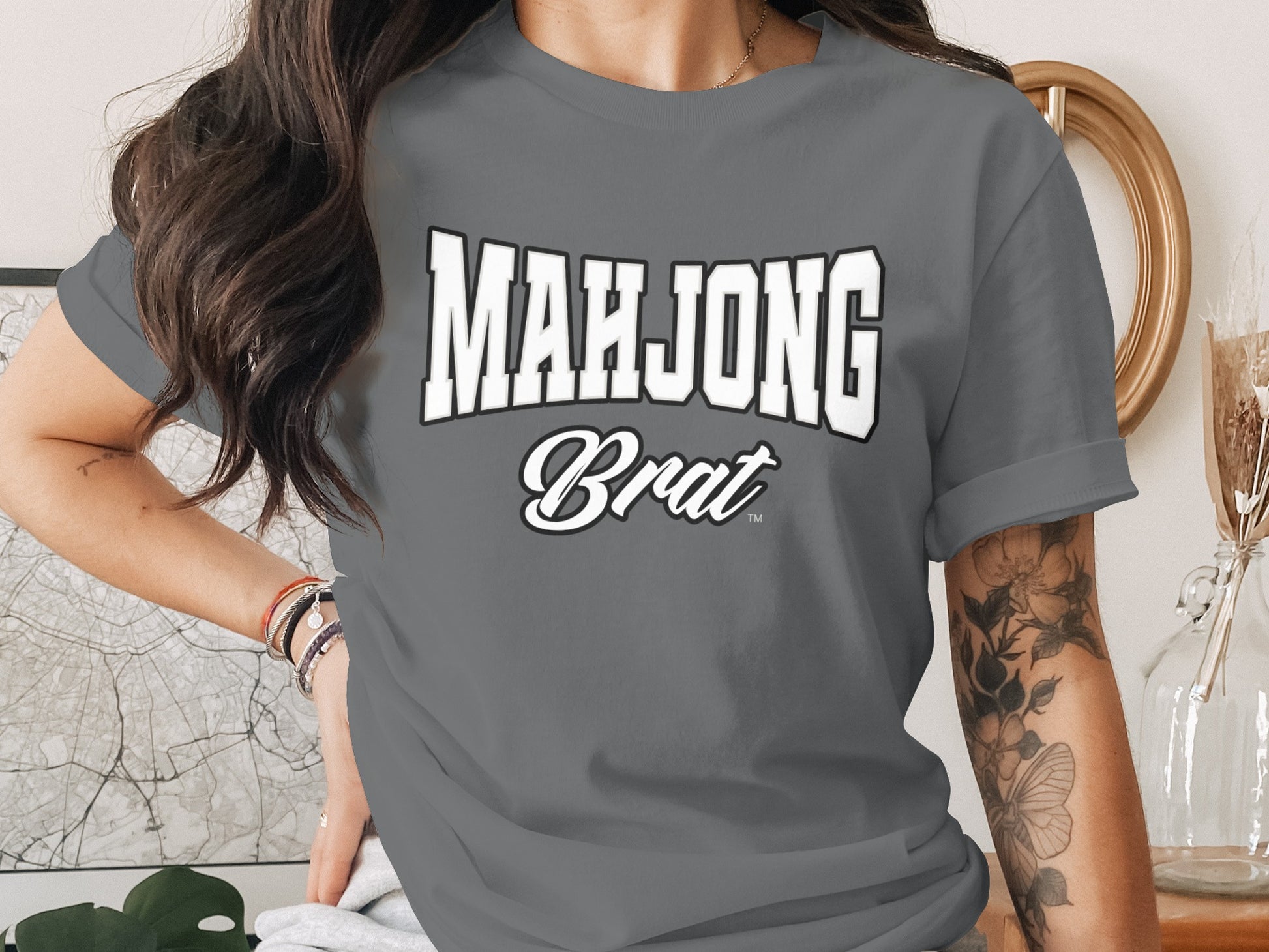 Gray t-shirt with white text that reads "MAHJONG Brat"