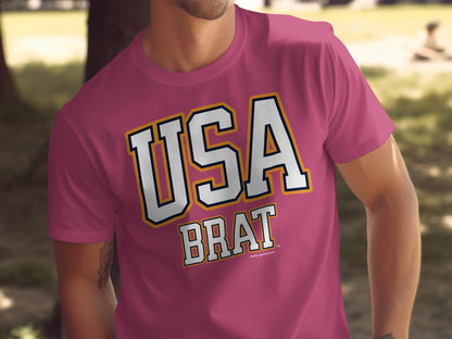 Pink t-shirt with "USA BRAT" text and "Another Spoiled Brat" logo.