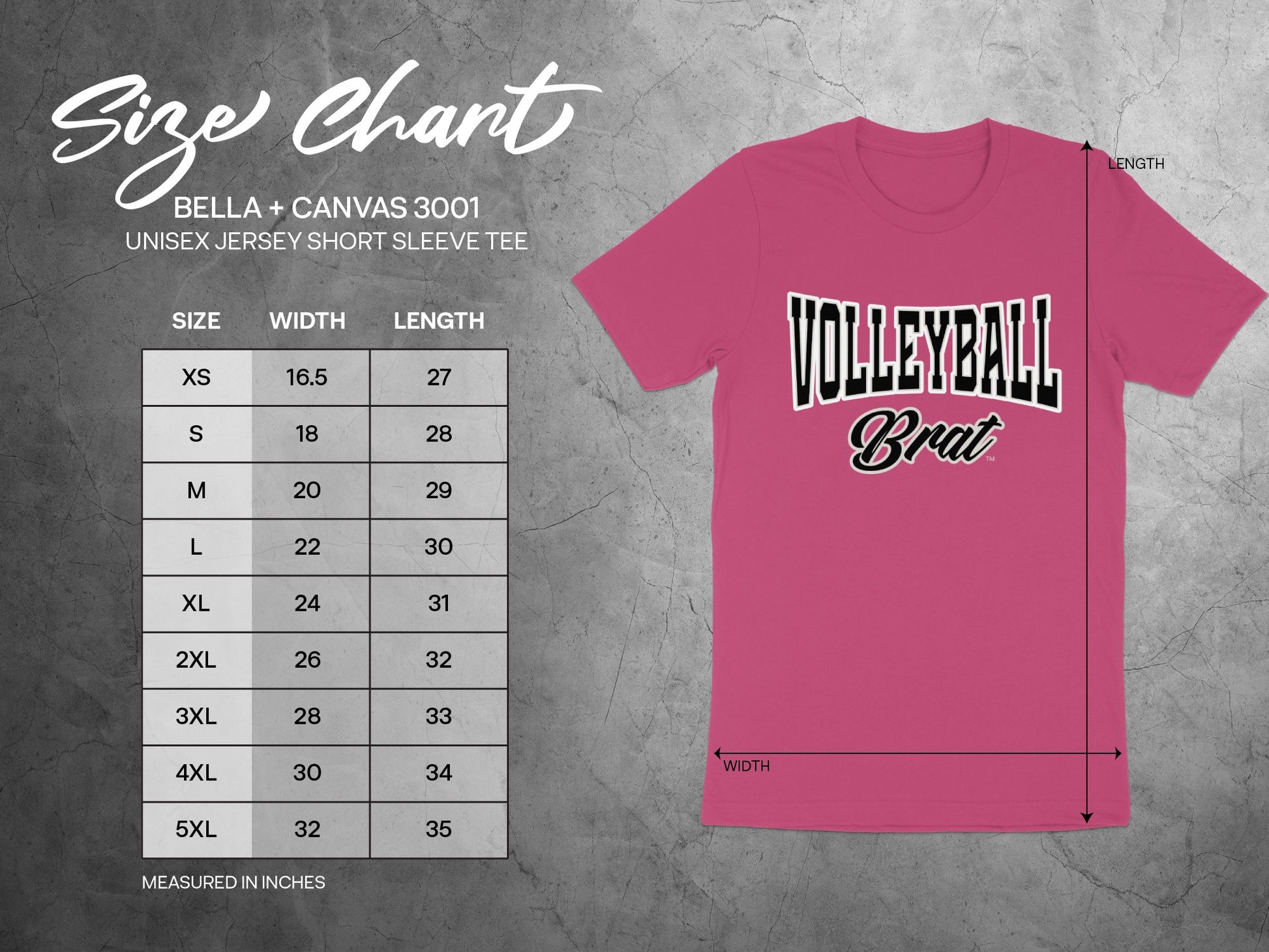 Size chart for a pink Bella + Canvas 3001 unisex short sleeve tee.