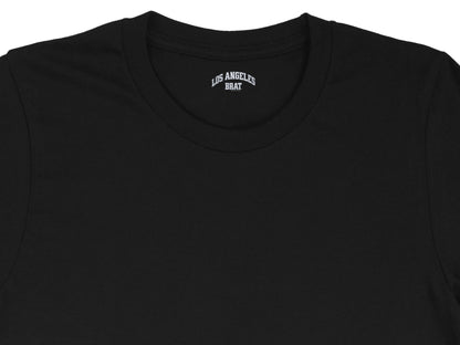 Black t-shirt with "LOS ANGELES BRAT" text on the collar.