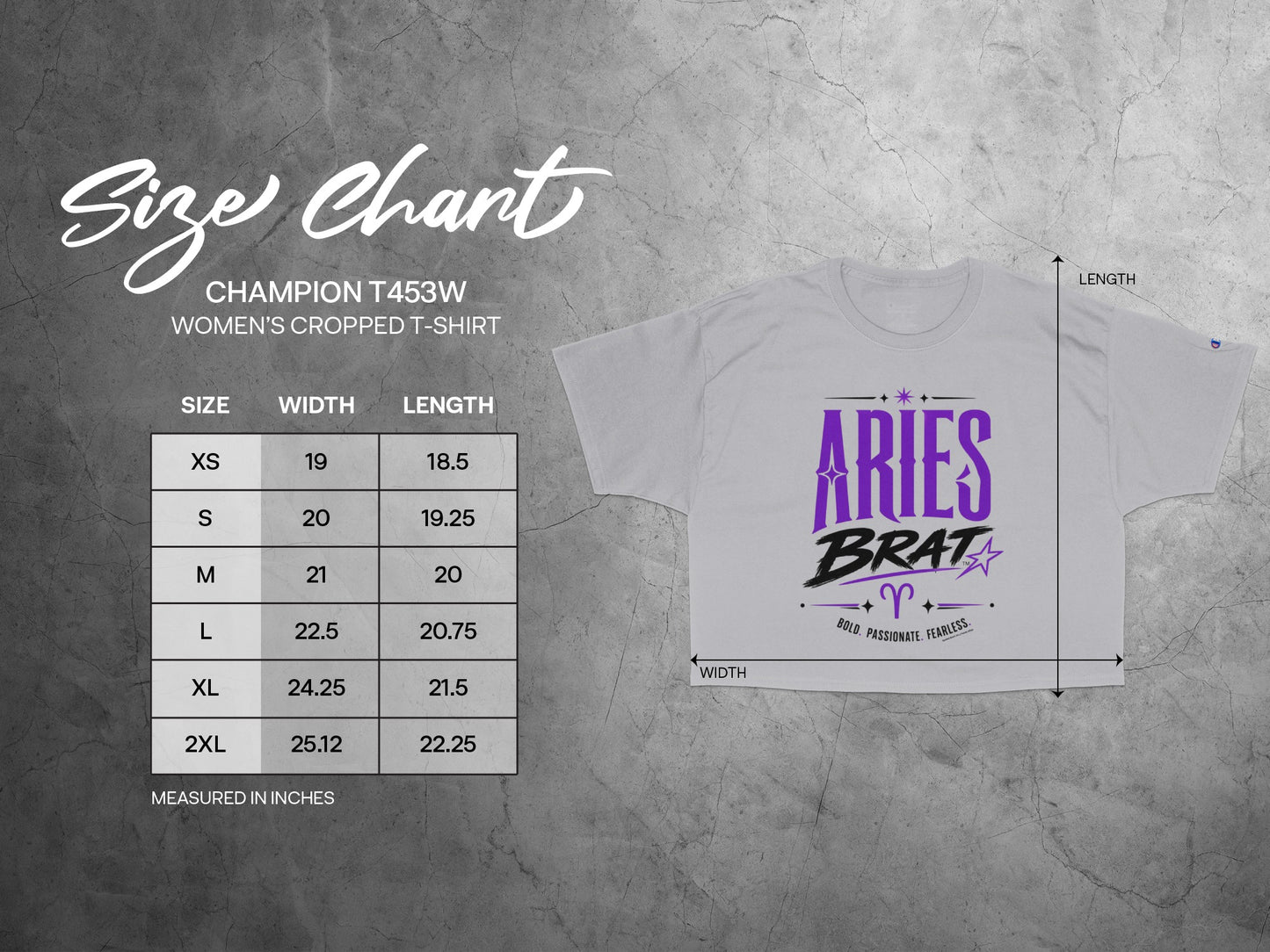 Champion t-shirt size chart with width and length measurements in inches.