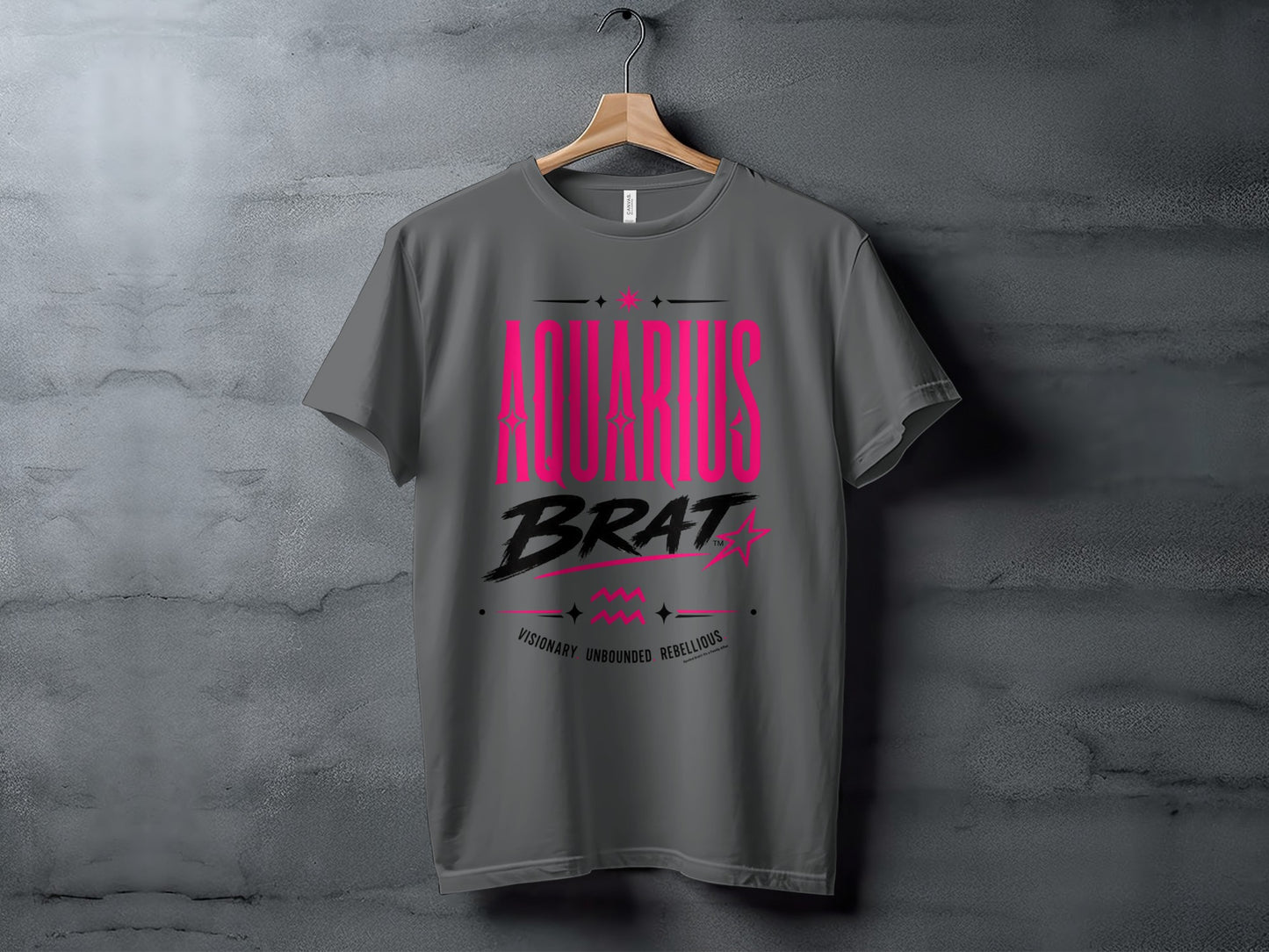 Dark grey t-shirt with "AQUARIUS BRAT" text and zodiac symbols.