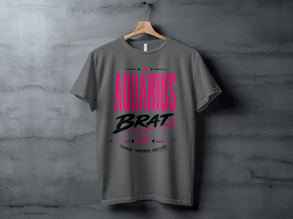 Dark grey t-shirt with "AQUARIUS BRAT" text and zodiac symbols.