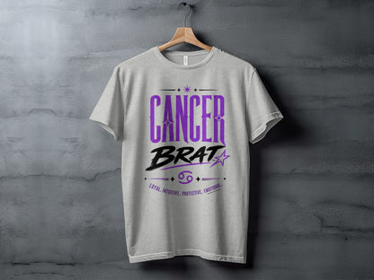Light gray t-shirt with "CANCER BRAT" and zodiac symbol.