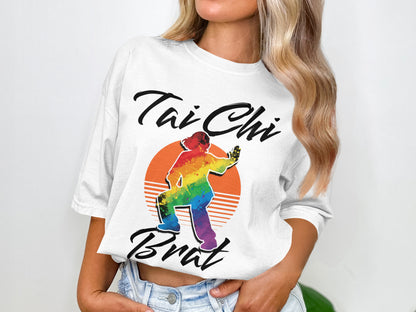 White t-shirt with rainbow Tai Chi silhouette and "Tai Chi Brat" text.