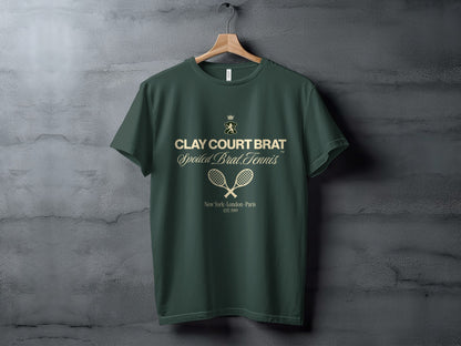 Green t-shirt with "CLAY COURT BRAT Spoiled Brat.Tennis" text and tennis racquets.