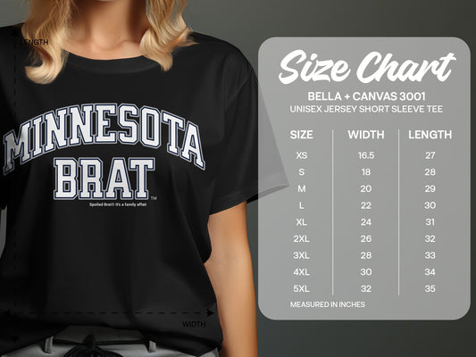Black t-shirt with "MINNESOTA BRAT" text and a size chart.