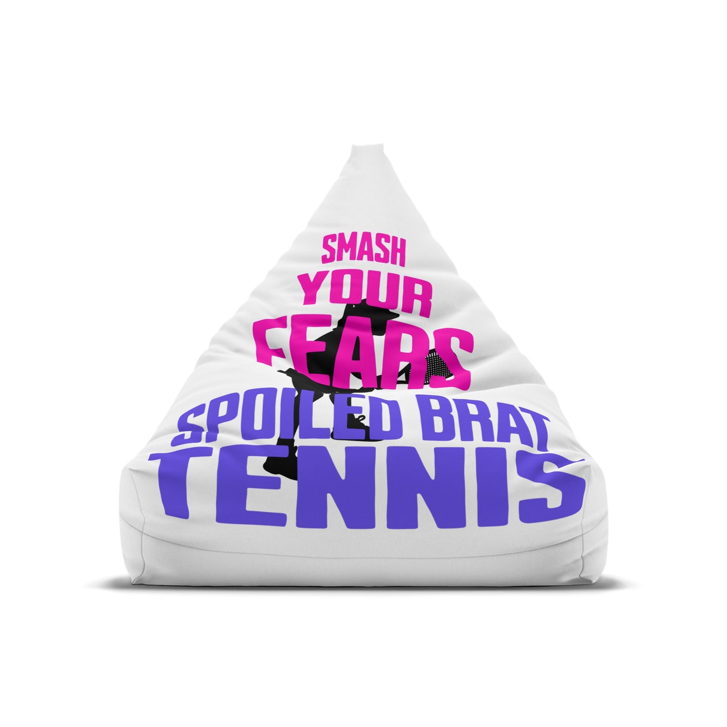 White beanbag with text "SMASH YOUR FEARS SPOILED BRAT TENNIS" and tennis player silhouette.