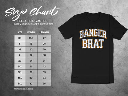BELLA + CANVAS 3001 unisex tee size chart with width and length measurements in inches.