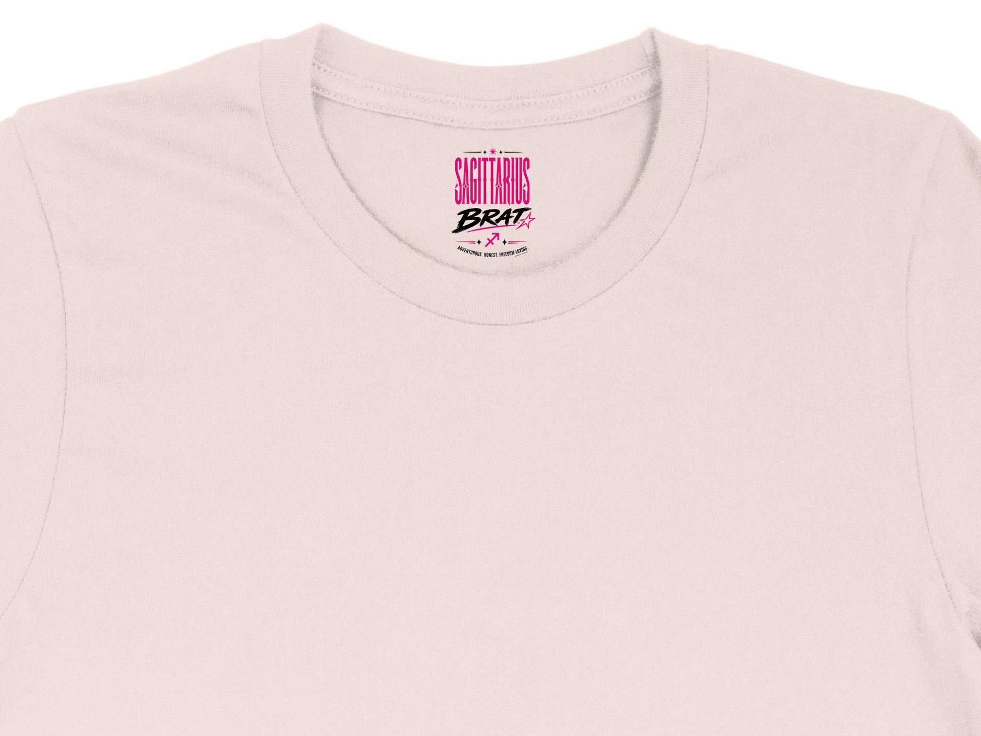 Pink t-shirt collar with Sagittarius Brat logo and zodiac symbols.