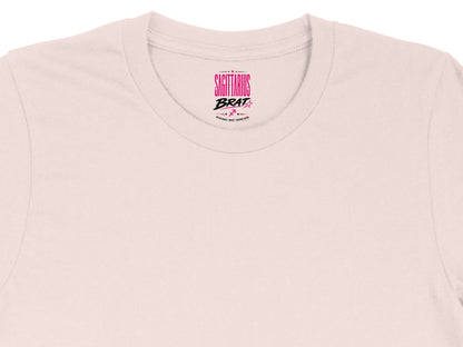 Pink t-shirt collar with Sagittarius Brat logo and zodiac symbols.