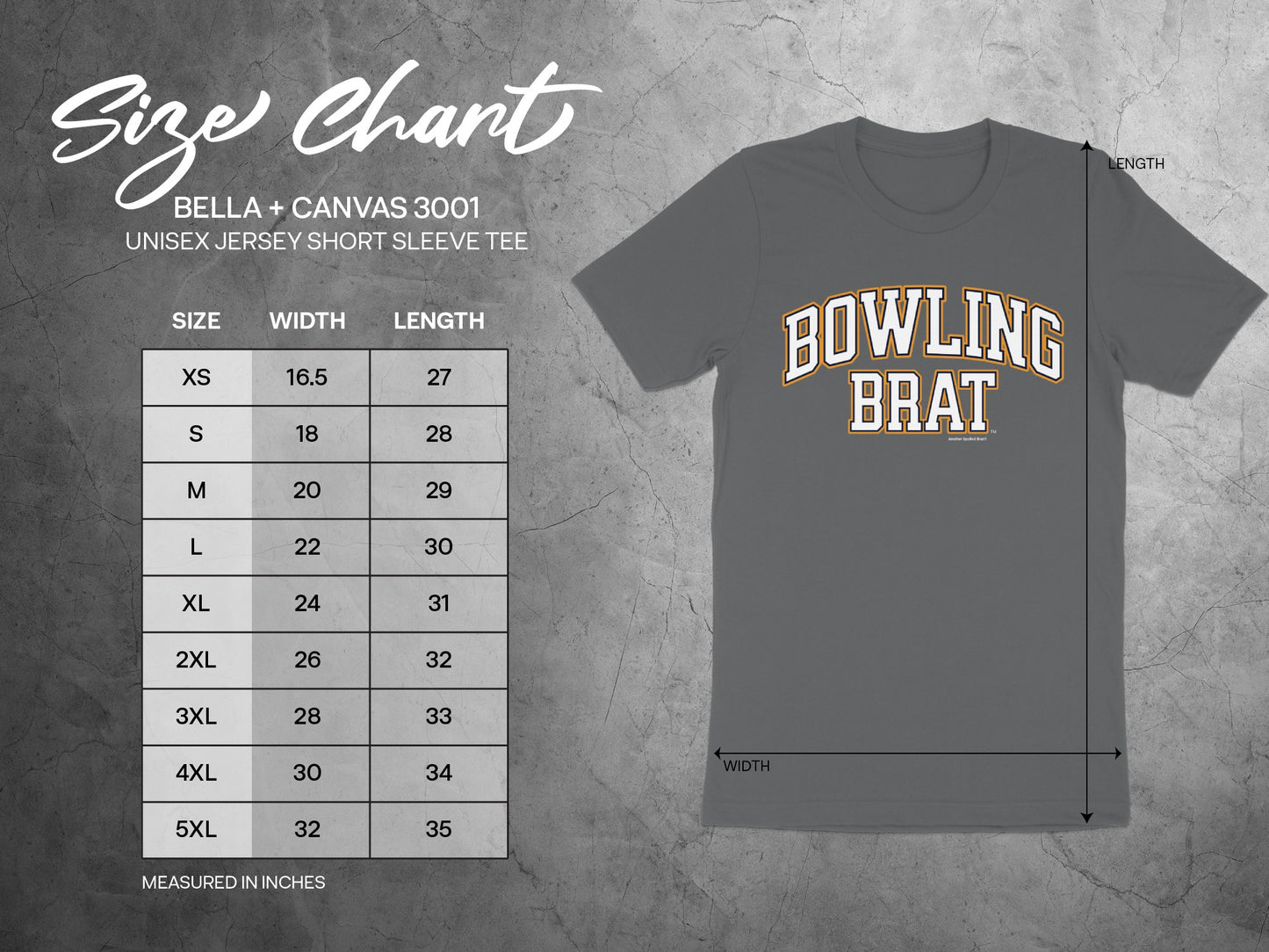 Bella + Canvas 3001 unisex size chart with width and length measurements in inches.