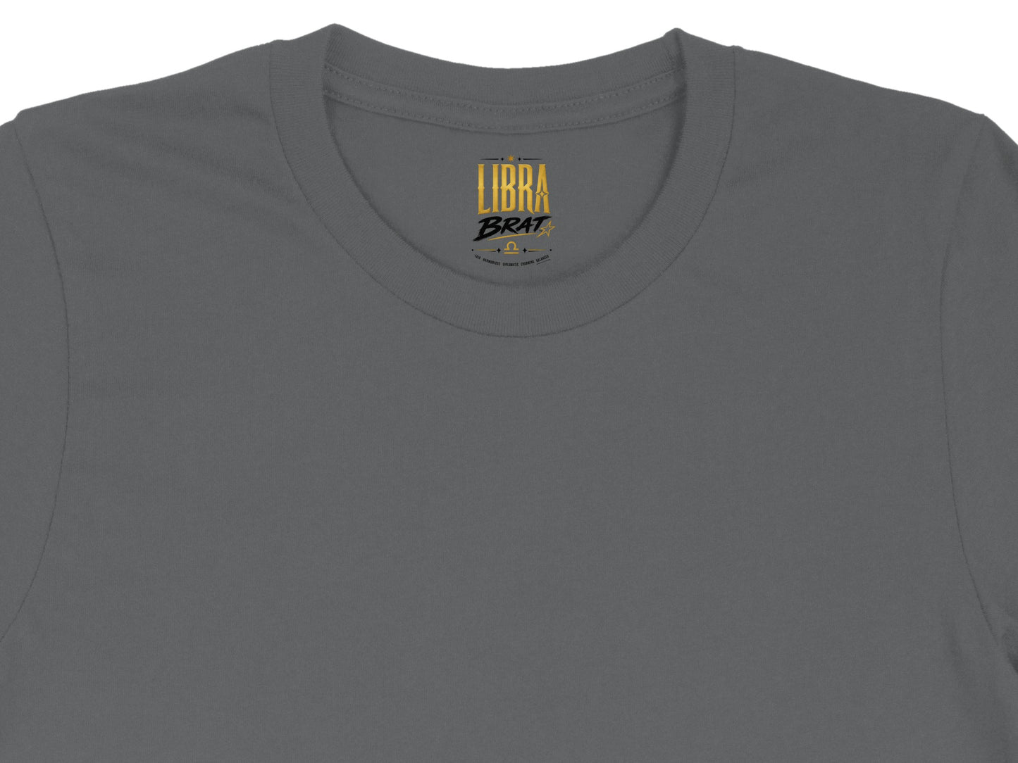 Gray t-shirt with "Libra Brat" and zodiac sign text on the inner neck label.