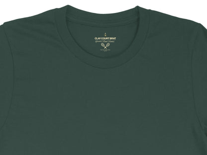 Green t-shirt with "CLAY COURT BRAT Spoiled Brat Tennis" logo and crossed rackets.