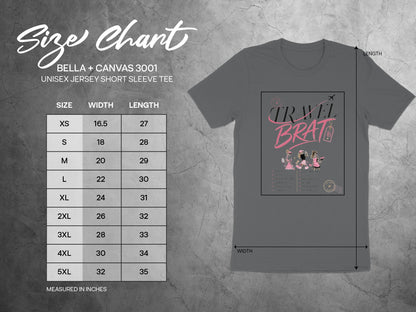 Size chart for Bella + Canvas 3001 unisex short sleeve tee with width and length measurements.