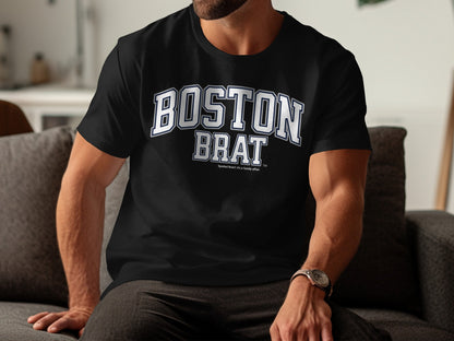 Black t-shirt with white "BOSTON BRAT" text and small text below.