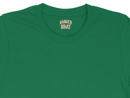 Green t-shirt with "BANGER BRAT" text on the tag.