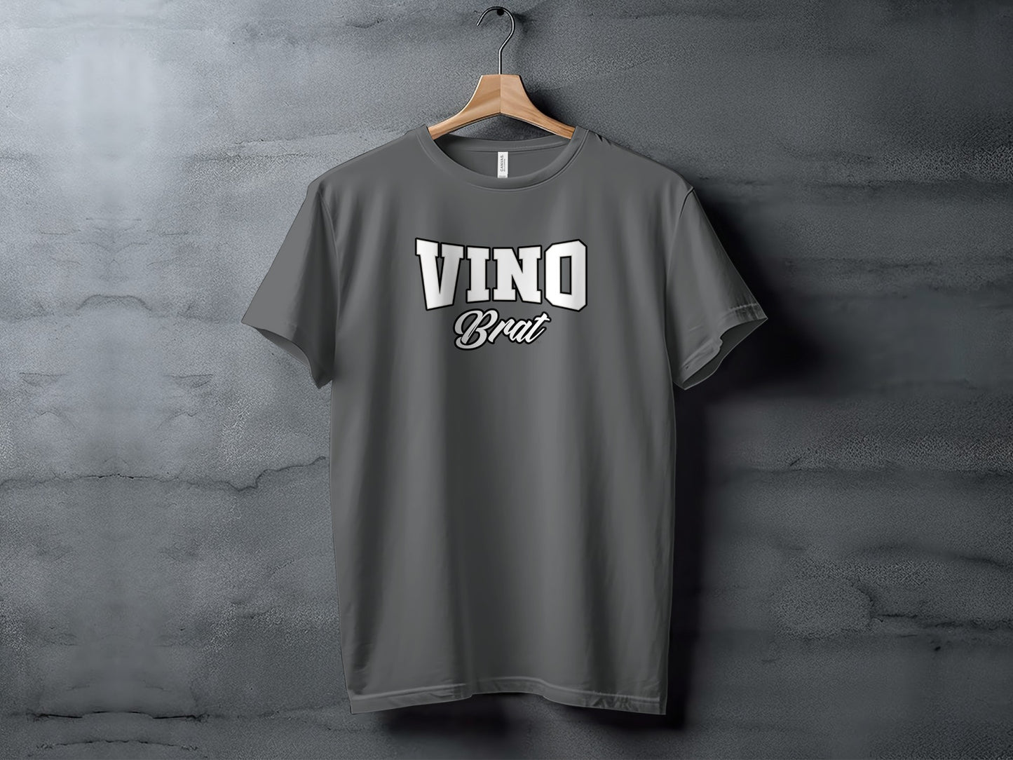 Dark gray t-shirt with "VINO Brat" text in white block lettering.