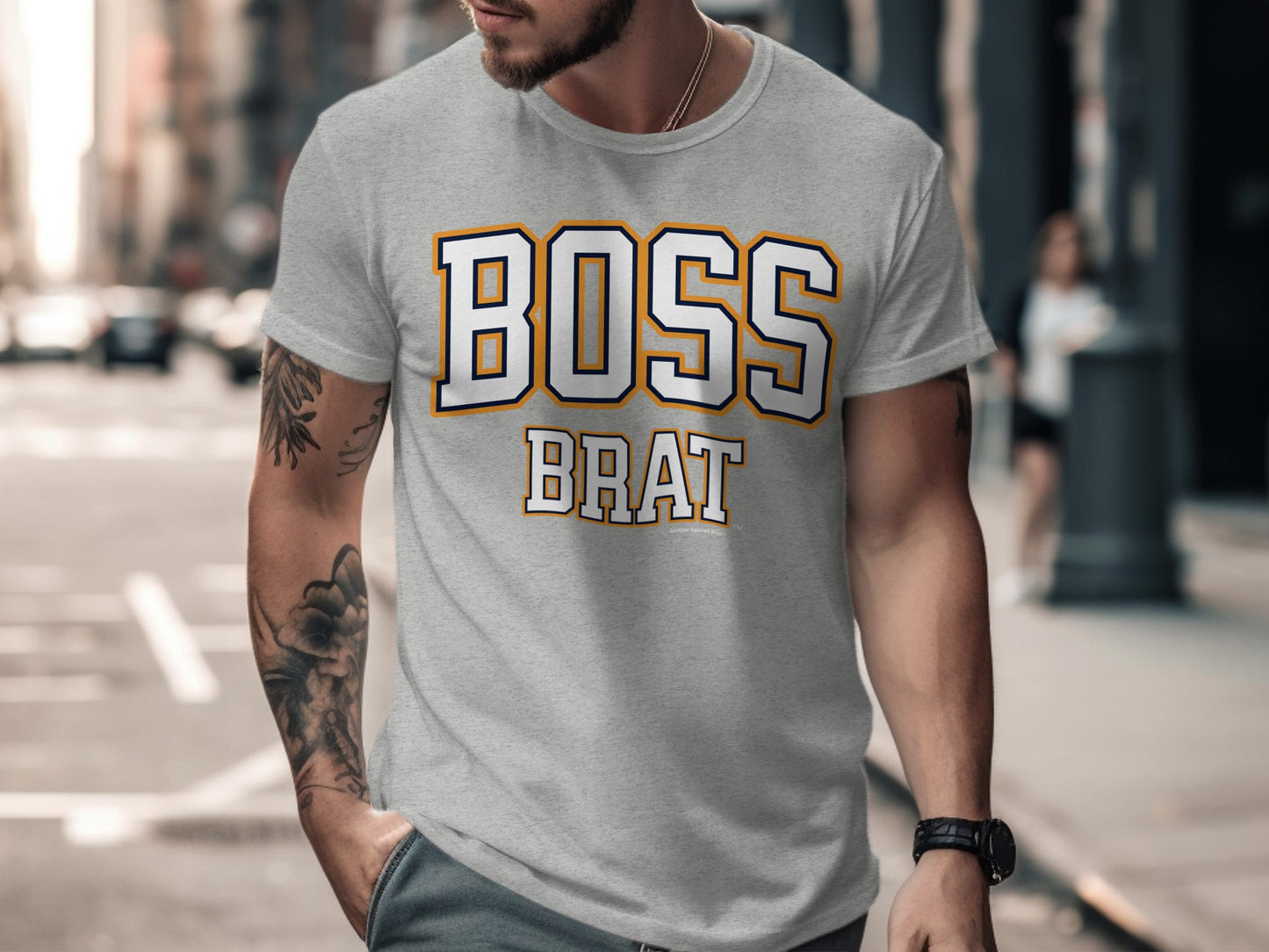 Grey t-shirt with "BOSS BRAT" text in collegiate font.