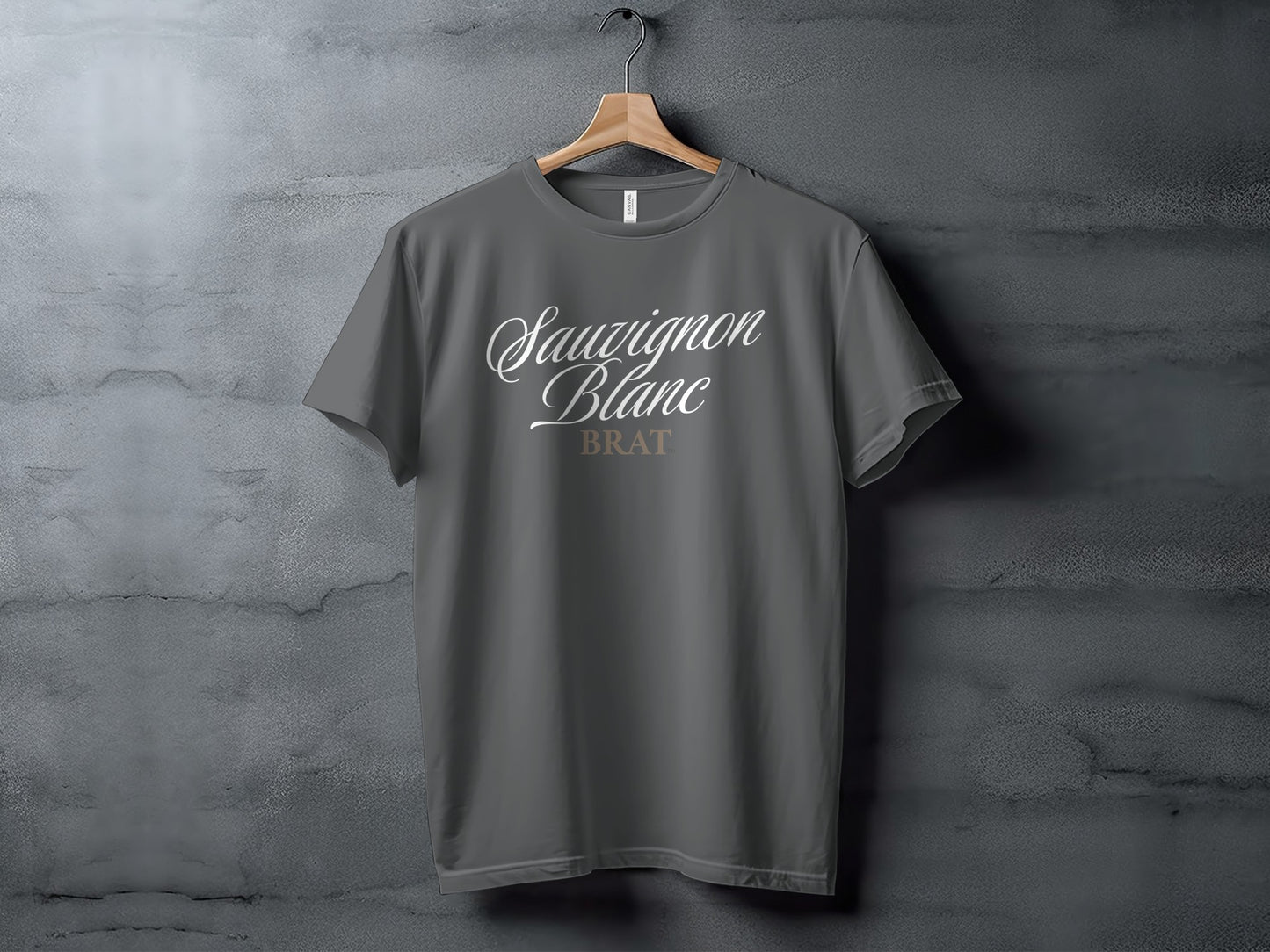 Gray t-shirt on a hanger with "Sauvignon Blanc BRAT" text.