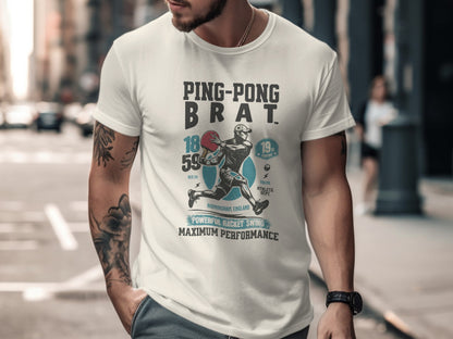White t-shirt with "PING-PONG BRAT" and a baseball player graphic.
