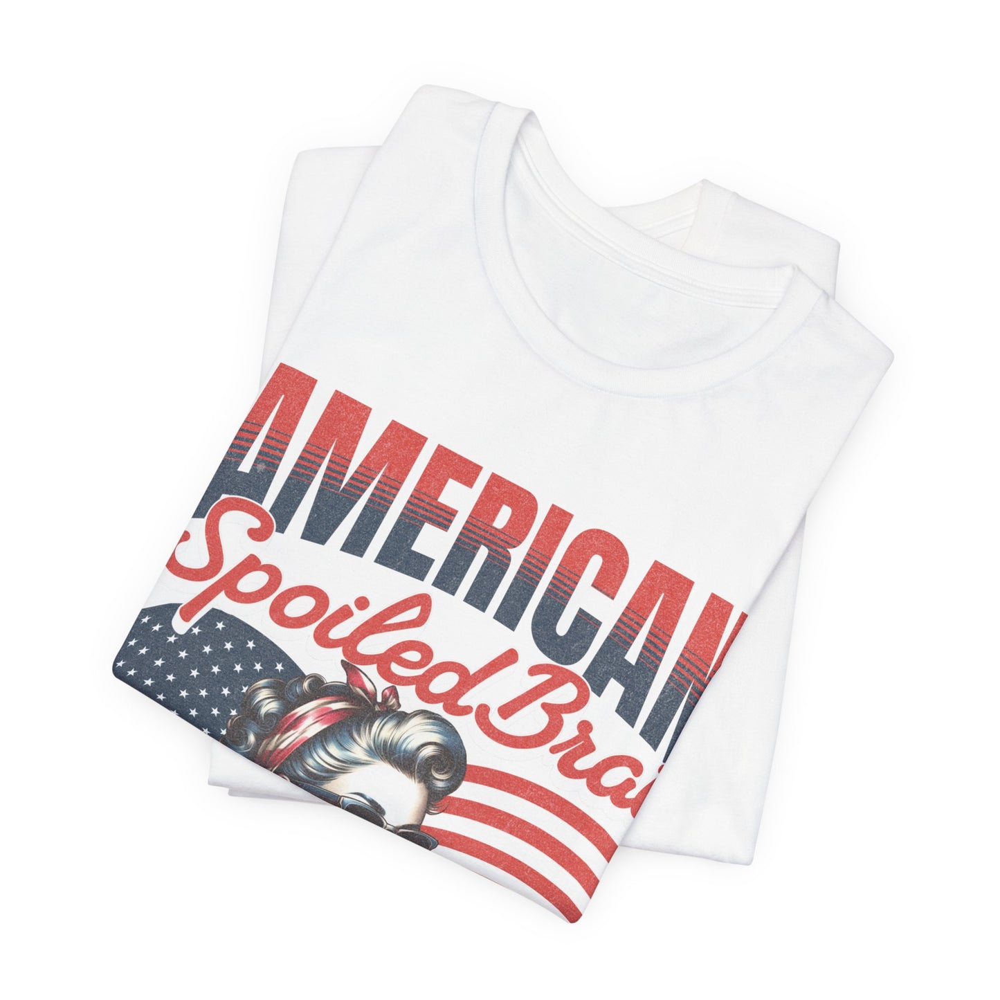 White t-shirt with "AMERICAN Spoiled Brat" text and a woman's face.