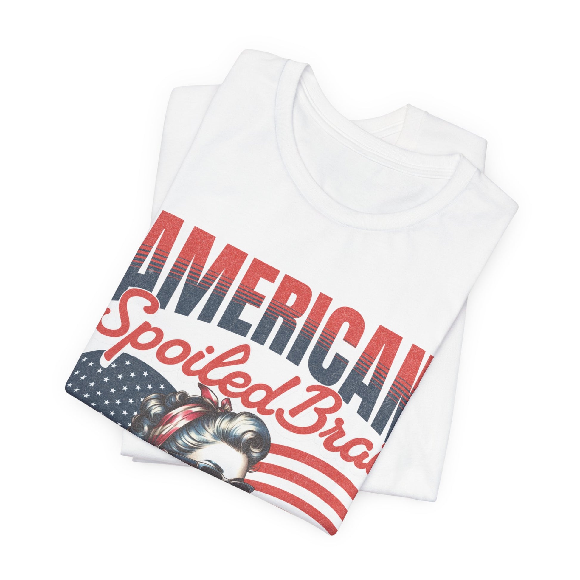 White t-shirt with "AMERICAN Spoiled Brat" text and a woman's face.