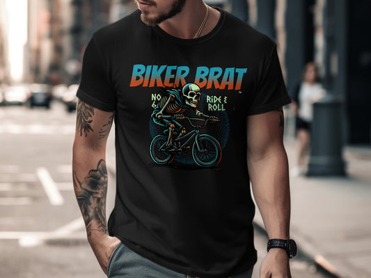 Black t-shirt with skeleton biker graphic and "Biker Brat" text.