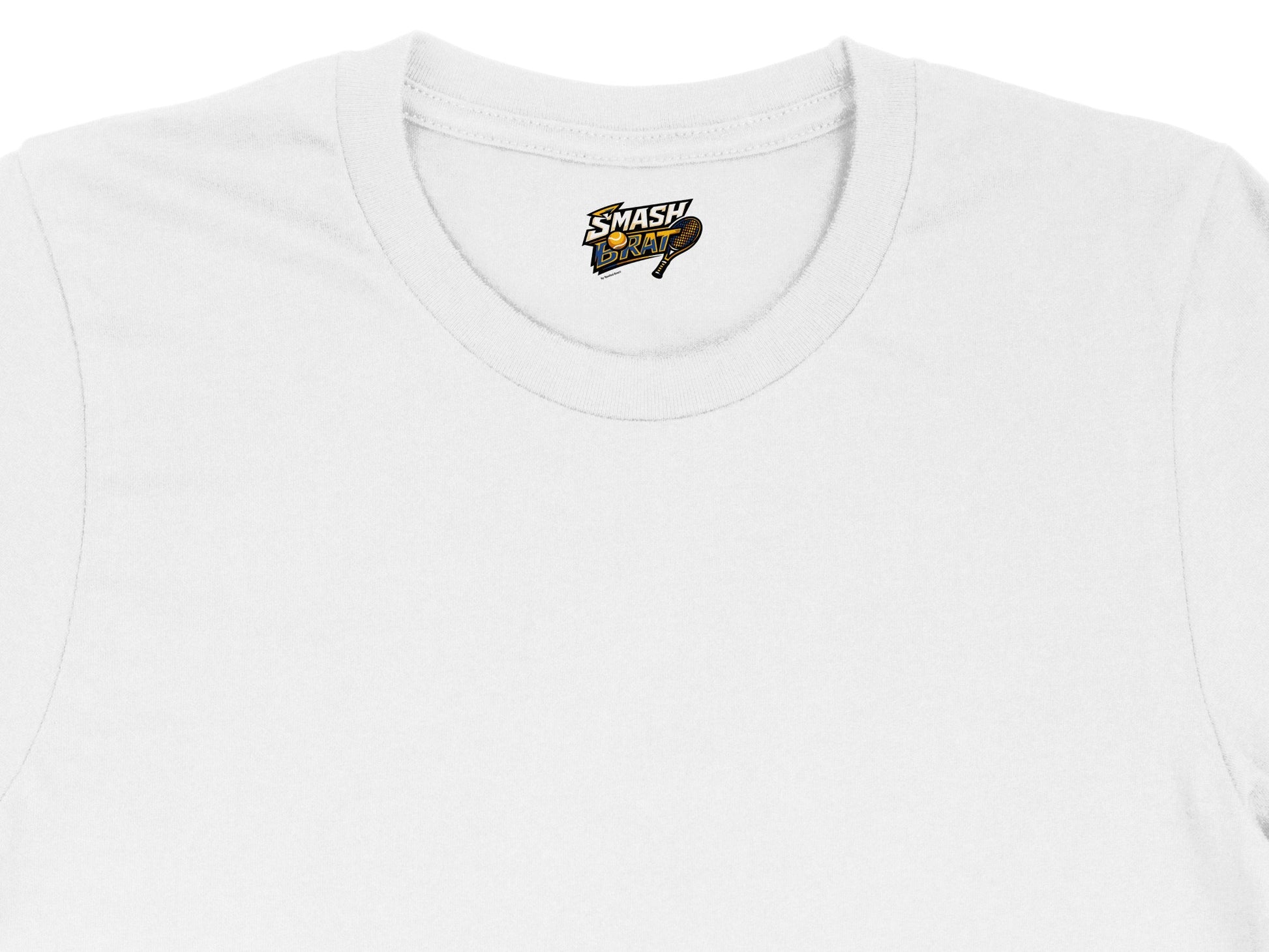 White t-shirt with "SMASH BRAT" text and tennis racket graphic.