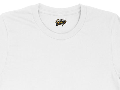 White t-shirt with "SMASH BRAT" text and tennis racket graphic.