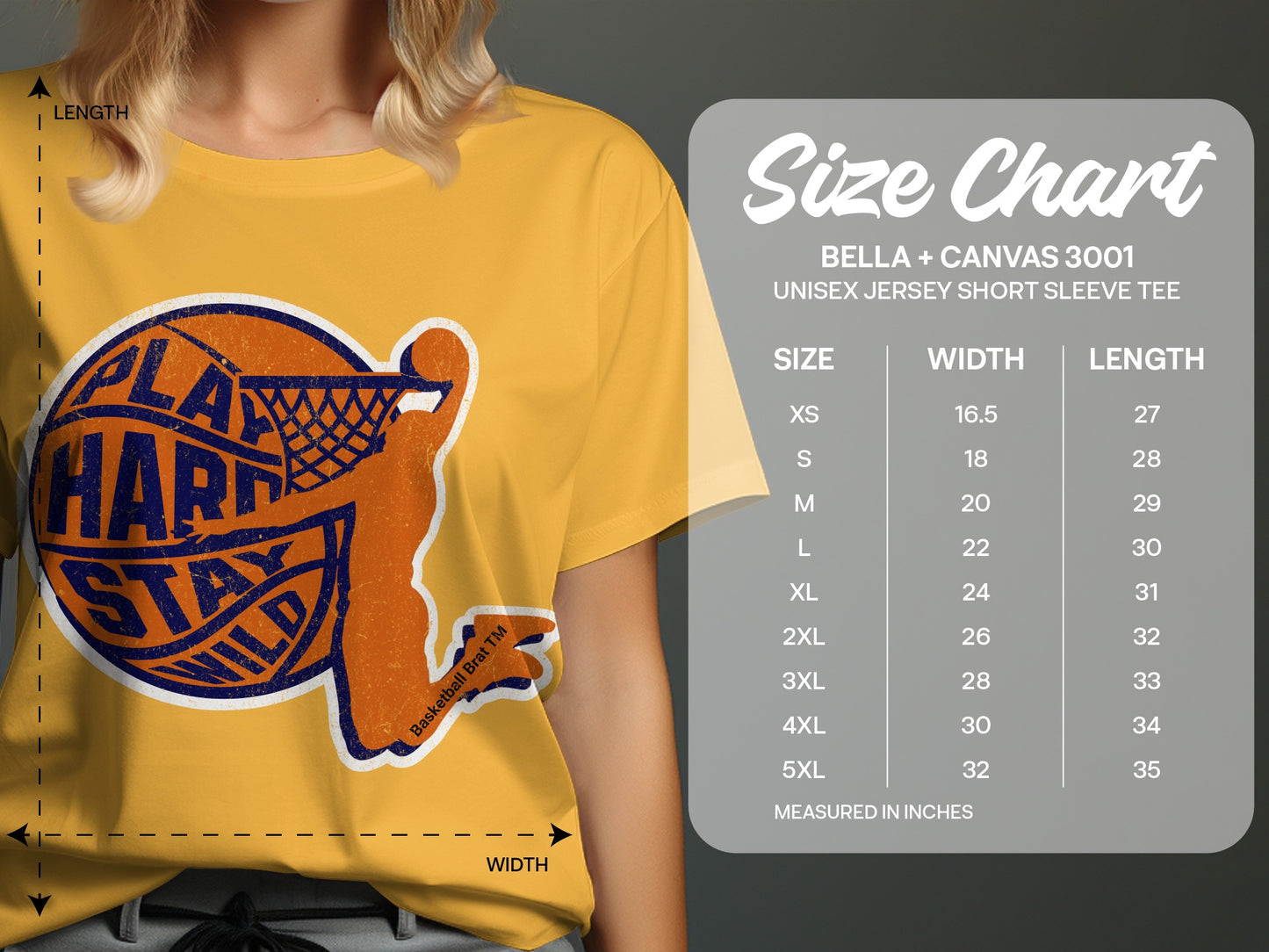 T-shirt with "Play Hard Stay Wild" graphic and size chart.