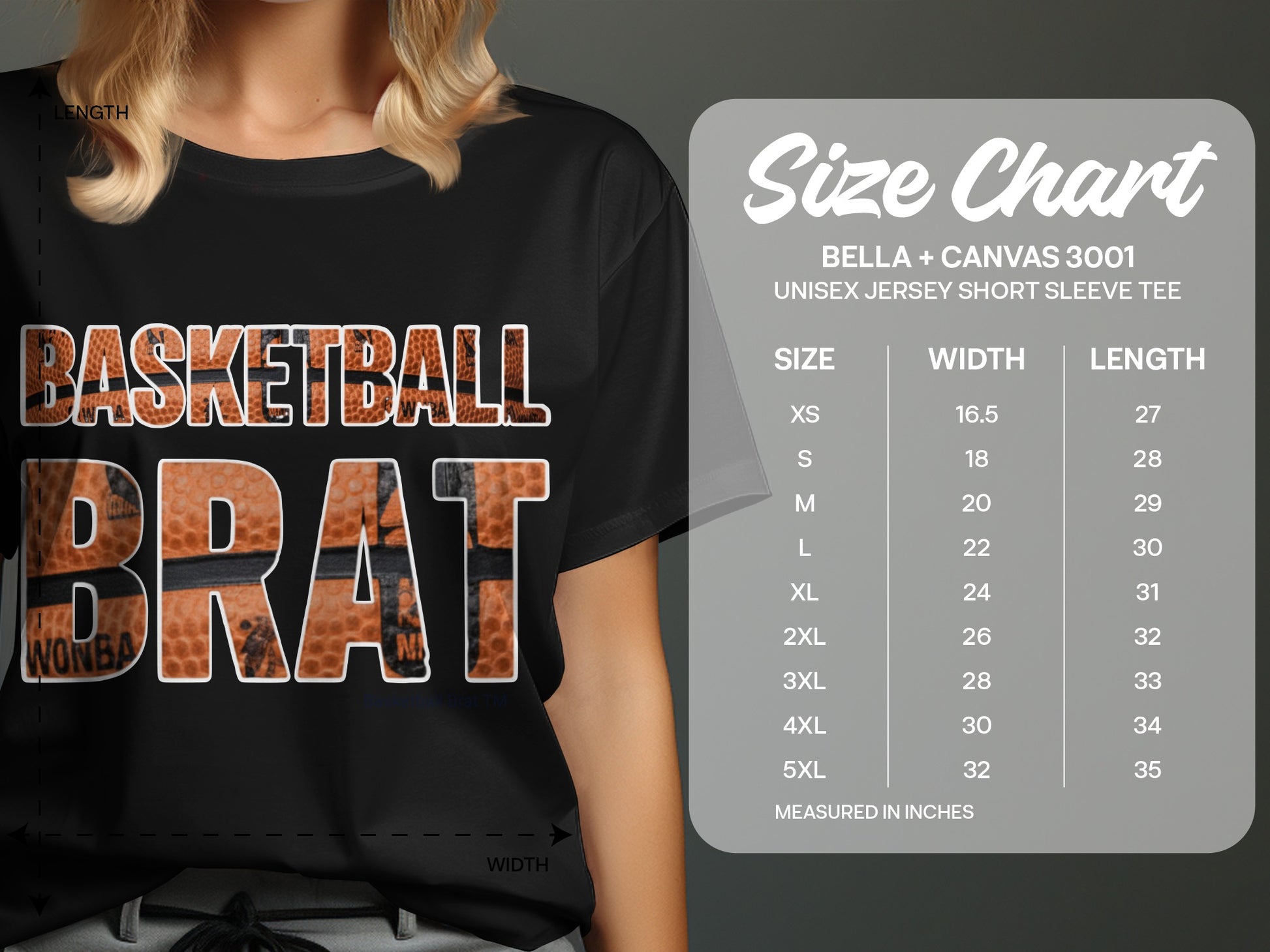Black t-shirt with "BASKETBALL BRAT" graphic, alongside a size chart.