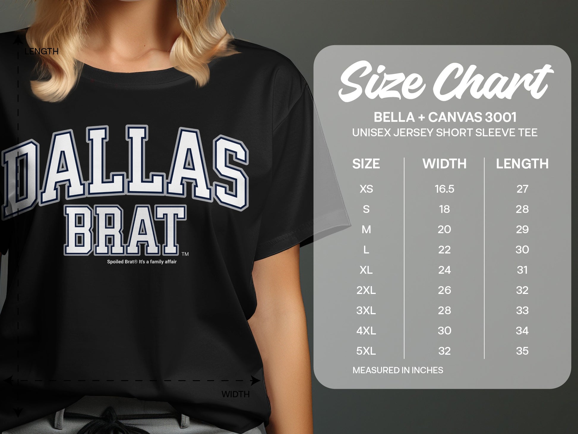 T-shirt size chart for Dallas Brat Bella + Canvas 3001 unisex tee.