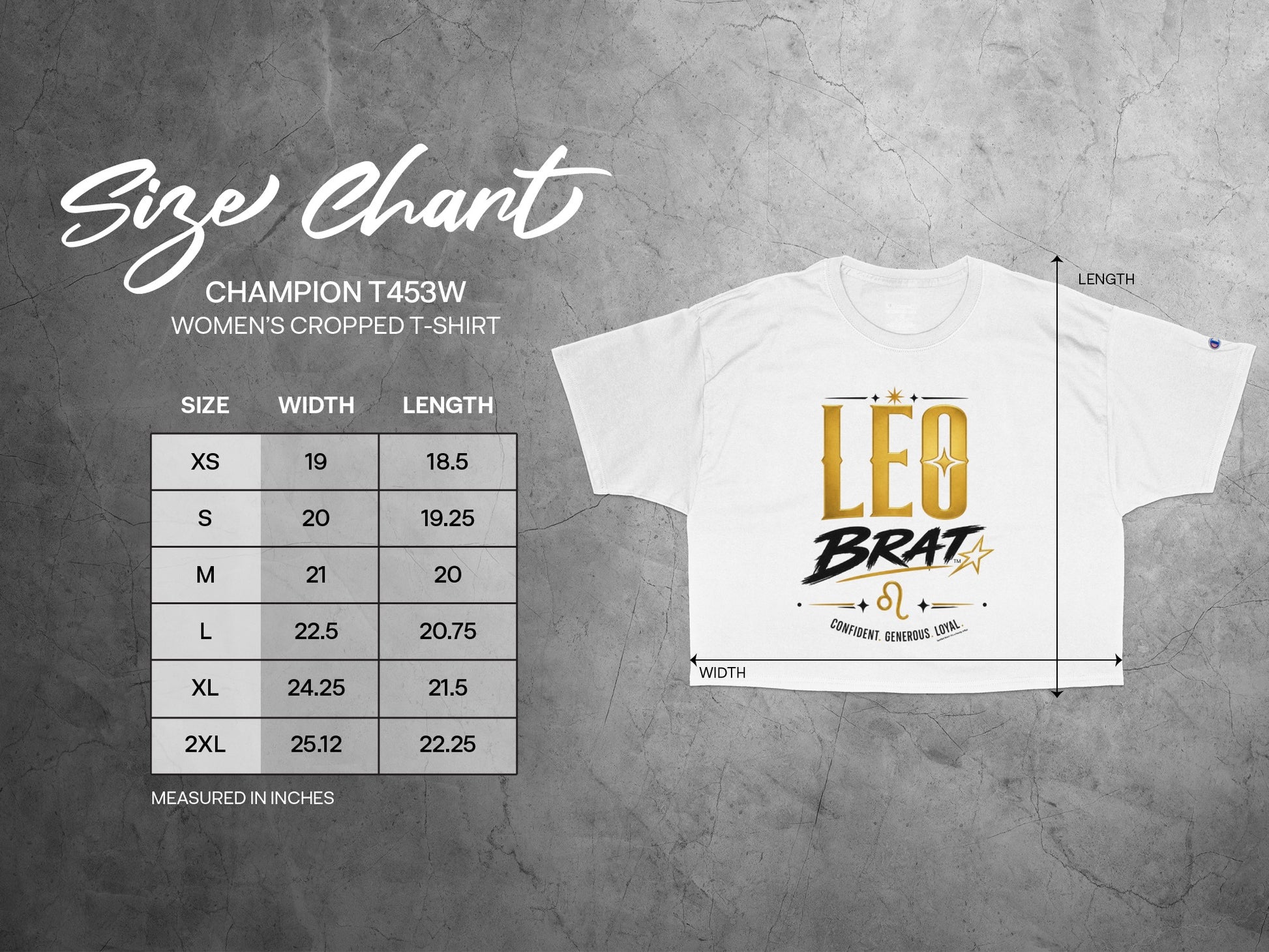 Champion T453W women's cropped t-shirt size chart with width and length measurements.