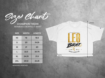 Champion T453W women's cropped t-shirt size chart with width and length measurements.